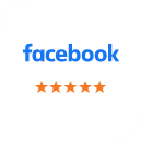 Facebook logo with five orange stars below indicating a positive customer review rating.