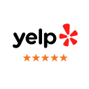 Yelp logo with five orange stars, indicating excellent customer ratings for Danville Family Dental.